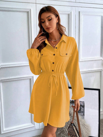 1pc Solid Color Front Button Closure Casual Long Sleeve Dress 1pc Solid Color Front Button Closure Casual Long Sleeve Dress