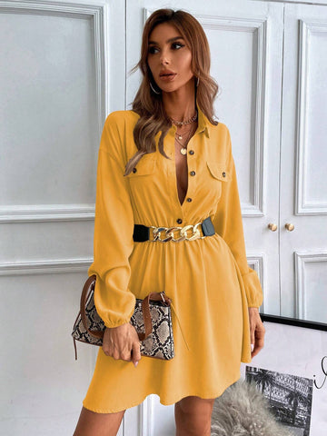 1pc Solid Color Front Button Closure Casual Long Sleeve Dress 1pc Solid Color Front Button Closure Casual Long Sleeve Dress