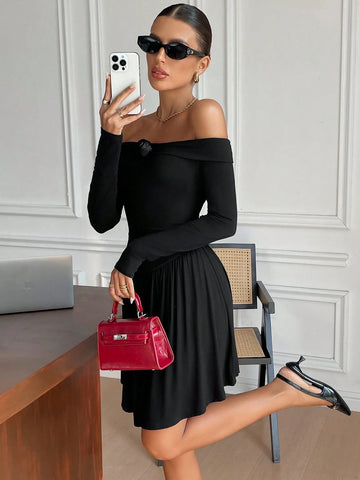 1pc Women Asymmetric Waistline Off-Shoulder 3D Floral Printed Dress 1pc Women Asymmetric Waistline Off-Shoulder 3D Floral Printed Dress