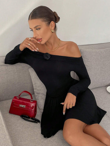 1pc Women Asymmetric Waistline Off-Shoulder 3D Floral Printed Dress 1pc Women Asymmetric Waistline Off-Shoulder 3D Floral Printed Dress