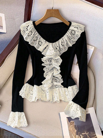 1pc Women French Color Block Lace Ruffle Flared Sleeve Slim Fit T-Shirt, Knit Sweater Top 1pc Women French Color Block Lace Ruffle Flared Sleeve Slim Fit T-Shirt, Knit Sweater Top