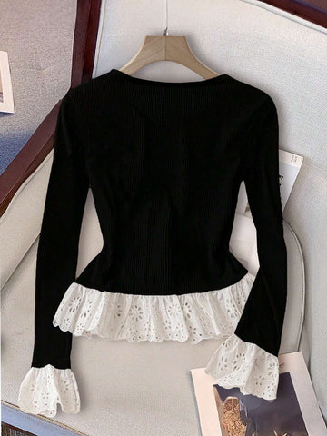 1pc Women French Color Block Lace Ruffle Flared Sleeve Slim Fit T-Shirt, Knit Sweater Top 1pc Women French Color Block Lace Ruffle Flared Sleeve Slim Fit T-Shirt, Knit Sweater Top