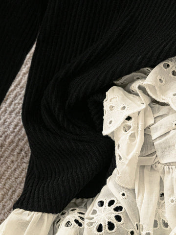 1pc Women French Color Block Lace Ruffle Flared Sleeve Slim Fit T-Shirt, Knit Sweater Top 1pc Women French Color Block Lace Ruffle Flared Sleeve Slim Fit T-Shirt, Knit Sweater Top