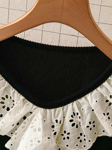 1pc Women French Color Block Lace Ruffle Flared Sleeve Slim Fit T-Shirt, Knit Sweater Top 1pc Women French Color Block Lace Ruffle Flared Sleeve Slim Fit T-Shirt, Knit Sweater Top