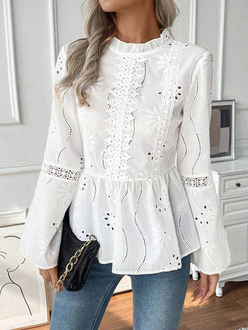 Frenchy 25+ Elegant Jacquard Lace Trim Casual Vacation Lightweight Blouse Frenchy 25+ Elegant Jacquard Lace Trim Casual Vacation Lightweight Blouse