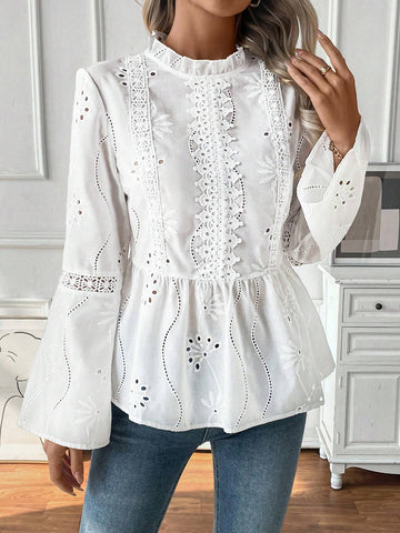 Frenchy 25+ Elegant Jacquard Lace Trim Casual Vacation Lightweight Blouse Frenchy 25+ Elegant Jacquard Lace Trim Casual Vacation Lightweight Blouse