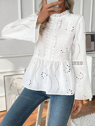 Frenchy 25+ Elegant Jacquard Lace Trim Casual Vacation Lightweight Blouse Frenchy 25+ Elegant Jacquard Lace Trim Casual Vacation Lightweight Blouse