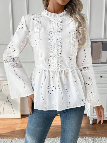 Frenchy 25+ Elegant Jacquard Lace Trim Casual Vacation Lightweight Blouse Frenchy 25+ Elegant Jacquard Lace Trim Casual Vacation Lightweight Blouse