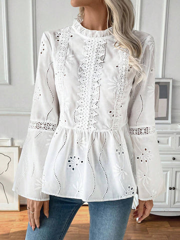 Frenchy 25+ Elegant Jacquard Lace Trim Casual Vacation Lightweight Blouse Frenchy 25+ Elegant Jacquard Lace Trim Casual Vacation Lightweight Blouse