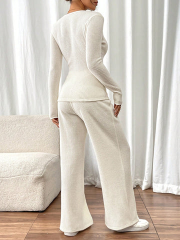 2pcs Women Autumn Solid Color Square Collar Long Sleeve Ribbed T-Shirt & Pants Casual Set 2pcs Women Autumn Solid Color Square Collar Long Sleeve Ribbed T-Shirt & Pants Casual Set