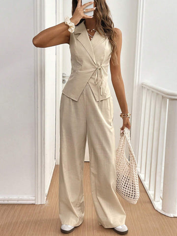 2pcs Women Linen Drawstring Vest & Pants Set, Autumn/Winter 2pcs Women Linen Drawstring Vest & Pants Set, Autumn/Winter