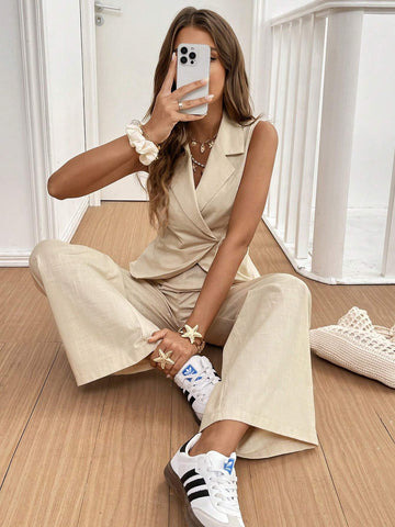 2pcs Women Linen Drawstring Vest & Pants Set, Autumn/Winter 2pcs Women Linen Drawstring Vest & Pants Set, Autumn/Winter