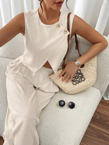 2pcs Women's Casual Asymmetrical Hem Sleeveless Top And Pants Set 2pcs Women's Casual Asymmetrical Hem Sleeveless Top And Pants Set