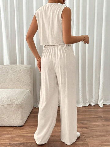 2pcs Women's Casual Asymmetrical Hem Sleeveless Top And Pants Set 2pcs Women's Casual Asymmetrical Hem Sleeveless Top And Pants Set