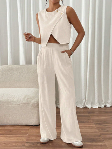 2pcs Women's Casual Asymmetrical Hem Sleeveless Top And Pants Set 2pcs Women's Casual Asymmetrical Hem Sleeveless Top And Pants Set