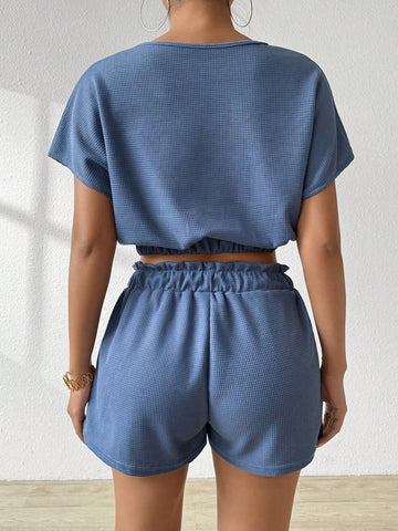 2pcs Women's Solid Color Short Sleeve T-Shirt And Pocketed Shorts Set 2pcs Women's Solid Color Short Sleeve T-Shirt And Pocketed Shorts Set