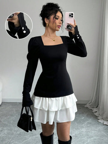 Elegant Puff Sleeve Palace Style Top And Layered Skirt Two Piece Set Elegant Puff Sleeve Palace Style Top And Layered Skirt Two Piece Set