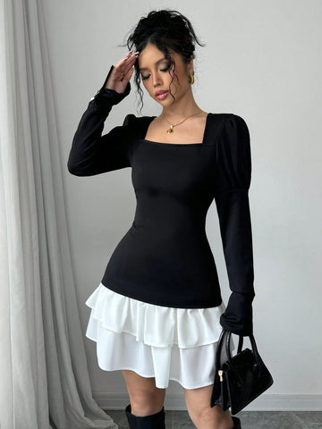 Elegant Puff Sleeve Palace Style Top And Layered Skirt Two Piece Set Elegant Puff Sleeve Palace Style Top And Layered Skirt Two Piece Set