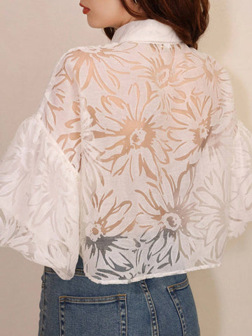 Frenchy Fashionable Jacquard Fabric Puff Sleeve A-Line Short Women's Shirt For Summer Frenchy Fashionable Jacquard Fabric Puff Sleeve A-Line Short Women's Shirt For Summer