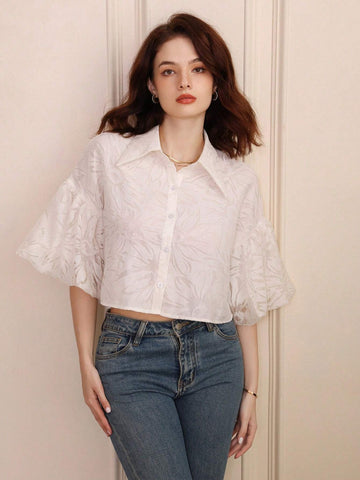 Frenchy Fashionable Jacquard Fabric Puff Sleeve A-Line Short Women's Shirt For Summer Frenchy Fashionable Jacquard Fabric Puff Sleeve A-Line Short Women's Shirt For Summer