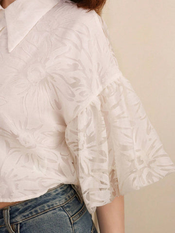 Frenchy Fashionable Jacquard Fabric Puff Sleeve A-Line Short Women's Shirt For Summer Frenchy Fashionable Jacquard Fabric Puff Sleeve A-Line Short Women's Shirt For Summer