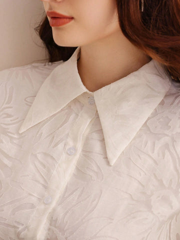 Frenchy Fashionable Jacquard Fabric Puff Sleeve A-Line Short Women's Shirt For Summer Frenchy Fashionable Jacquard Fabric Puff Sleeve A-Line Short Women's Shirt For Summer