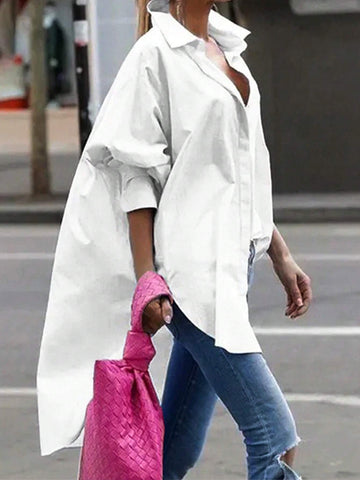 Loose Basic Casual Shirt With Short Front And Long Back, And Lantern Sleeves Loose Basic Casual Shirt With Short Front And Long Back, And Lantern Sleeves