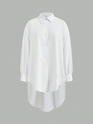 Loose Basic Casual Shirt With Short Front And Long Back, And Lantern Sleeves Loose Basic Casual Shirt With Short Front And Long Back, And Lantern Sleeves