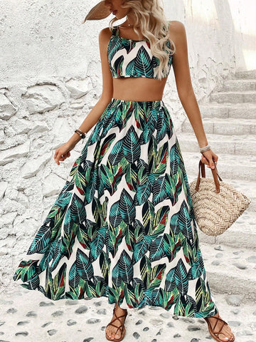 Plant Printed Crop Top And Skirt Set Plant Printed Crop Top And Skirt Set