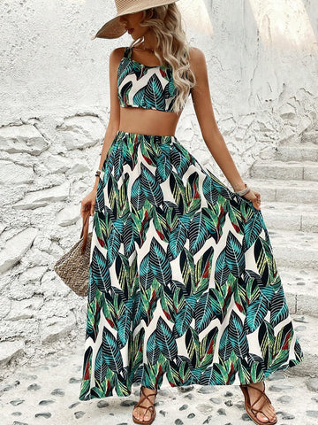 Plant Printed Crop Top And Skirt Set Plant Printed Crop Top And Skirt Set