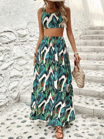Plant Printed Crop Top And Skirt Set Plant Printed Crop Top And Skirt Set
