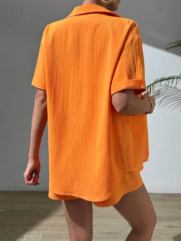 Solid Textured Button Front Half Sleeve Shirt And Shorts Set Solid Textured Button Front Half Sleeve Shirt And Shorts Set