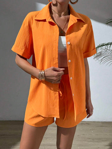 Solid Textured Button Front Half Sleeve Shirt And Shorts Set Solid Textured Button Front Half Sleeve Shirt And Shorts Set