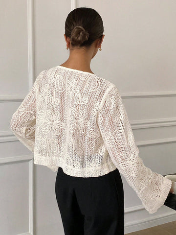 Frenchy Women Elegant Solid Color Flare Sleeve Tie Neck Blouse Frenchy Women Elegant Solid Color Flare Sleeve Tie Neck Blouse