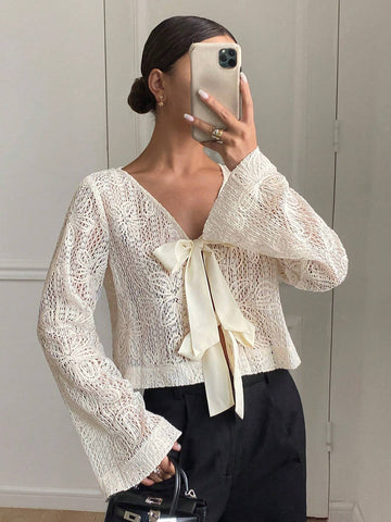 Frenchy Women Elegant Solid Color Flare Sleeve Tie Neck Blouse Frenchy Women Elegant Solid Color Flare Sleeve Tie Neck Blouse