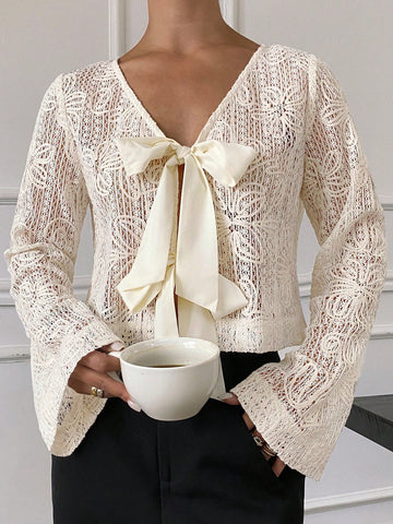 Frenchy Women Elegant Solid Color Flare Sleeve Tie Neck Blouse Frenchy Women Elegant Solid Color Flare Sleeve Tie Neck Blouse