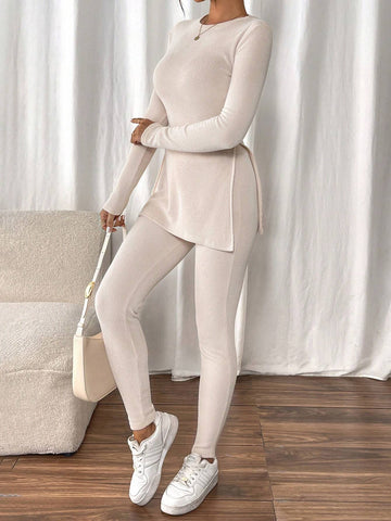 Women Plain Color Round Neck Long Sleeve Top And Pants Casual 2 Piece Set Women Plain Color Round Neck Long Sleeve Top And Pants Casual 2 Piece Set