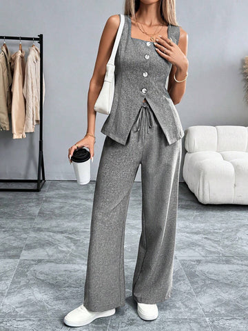 Women Solid Color Sleeveless Top And Pants Set Women Solid Color Sleeveless Top And Pants Set