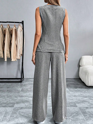 Women Solid Color Sleeveless Top And Pants Set Women Solid Color Sleeveless Top And Pants Set