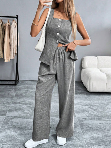Women Solid Color Sleeveless Top And Pants Set Women Solid Color Sleeveless Top And Pants Set