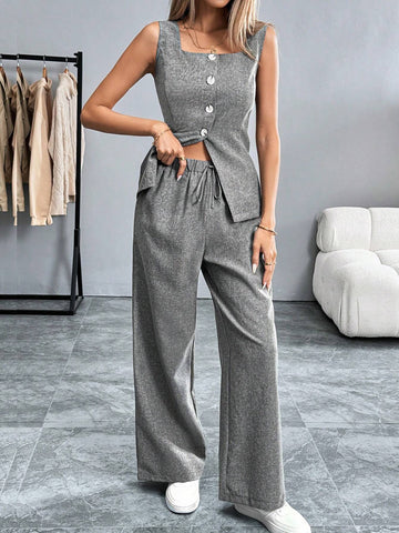 Women Solid Color Sleeveless Top And Pants Set Women Solid Color Sleeveless Top And Pants Set