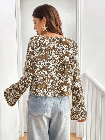 Frenchy Women's Autumn Casual Floral Print Front Tie Bell Sleeve Shirt Frenchy Women's Autumn Casual Floral Print Front Tie Bell Sleeve Shirt