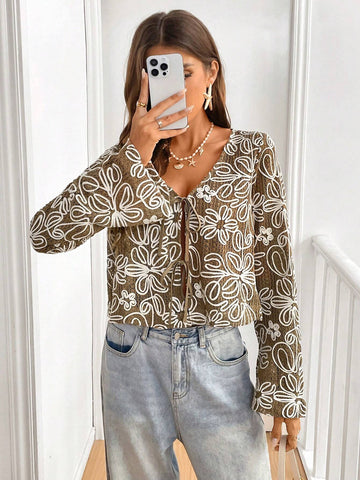 Frenchy Women's Autumn Casual Floral Print Front Tie Bell Sleeve Shirt Frenchy Women's Autumn Casual Floral Print Front Tie Bell Sleeve Shirt