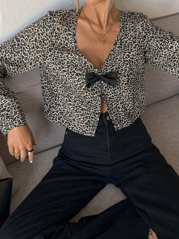 Frenchy Women's Fashionable Leopard Print Bow Decor Cropped Blouse For Autumn Frenchy Women's Fashionable Leopard Print Bow Decor Cropped Blouse For Autumn