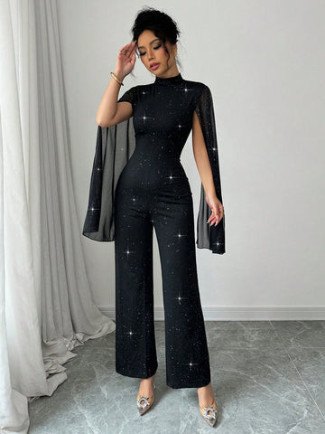 Women's Metallic Net Mesh And Black Fabric Splice Elegant Jumpsuit Women's Metallic Net Mesh And Black Fabric Splice Elegant Jumpsuit