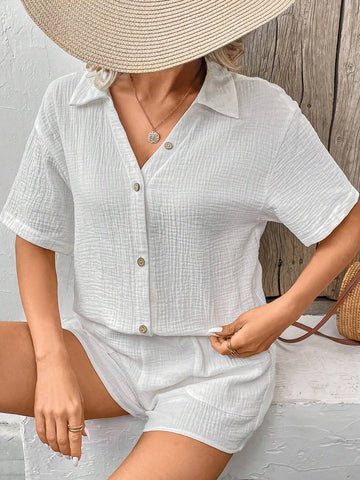 Women's Monochrome Drop Shoulder Short Sleeve Shirt And Shorts Set Cotton Summer Two Piece Outfits Women's Monochrome Drop Shoulder Short Sleeve Shirt And Shorts Set Cotton Summer Two Piece Outfits