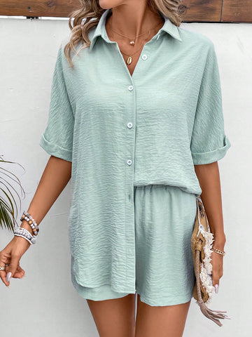 Women's Solid Color Batwing Sleeve Shirt And Shorts Set Women's Solid Color Batwing Sleeve Shirt And Shorts Set