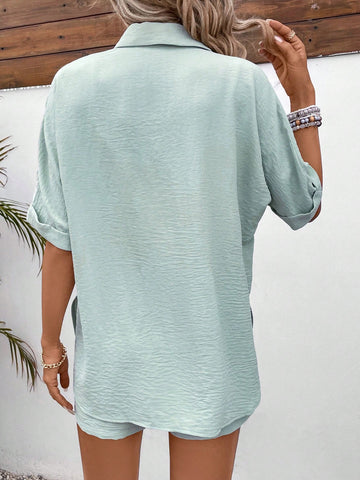 Women's Solid Color Batwing Sleeve Shirt And Shorts Set Women's Solid Color Batwing Sleeve Shirt And Shorts Set