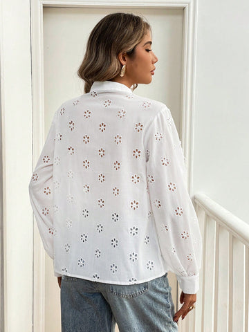 Frenchy Women's Solid Front Button Long Sleeve Hollow Casual Shirt Frenchy Women's Solid Front Button Long Sleeve Hollow Casual Shirt