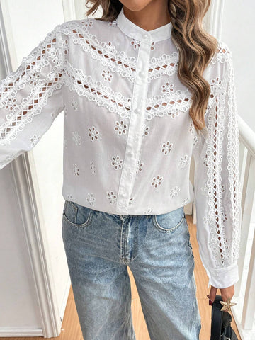 Frenchy Women's Solid Front Button Long Sleeve Hollow Casual Shirt Frenchy Women's Solid Front Button Long Sleeve Hollow Casual Shirt